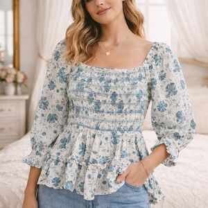 Romantic teal blue white smocked peasant blouse soft cottagecore appeal size S